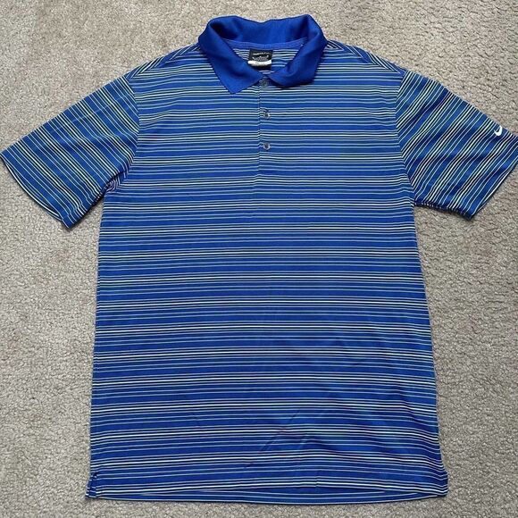 Nike Golf Dri-Fit Blue White Striped Blend Golf Polo Shirt Mens Size Medium - Picture 1 of 7